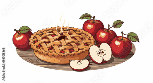 A warm, lattice-top apple pie sits on a wooden surface with fresh apples