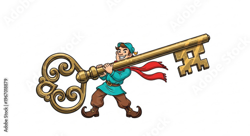 Illustration of a cartoon character in a blue cap and red scarf carrying a large golden antique key with ornate scrollwork on the bit and bow