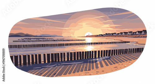 Gentle sunset over a tranquil beach with wooden sea defenses