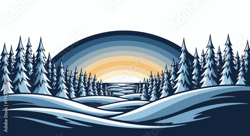 Snowy forest landscape with a colorful sunrise and snowdrifts