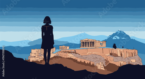 Silhouette of a person observing ancient ruins against a layered mountain backdrop