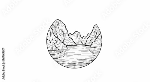 Stylized linework illustration of a bay with karst mountains and rippling water