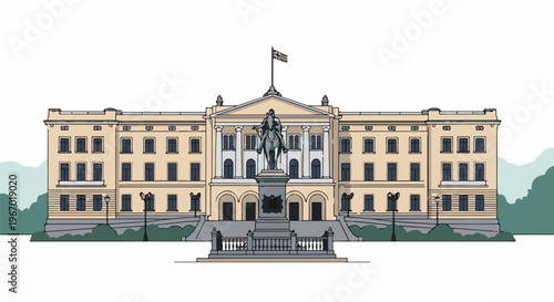 Grand building with equestrian statue and flag, detailed illustration