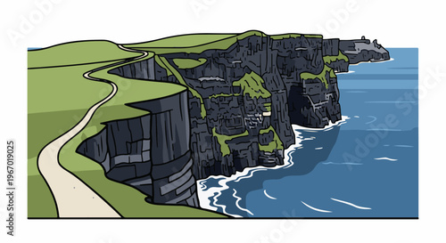 A winding path leads along grassy cliffs overlooking a vast ocean