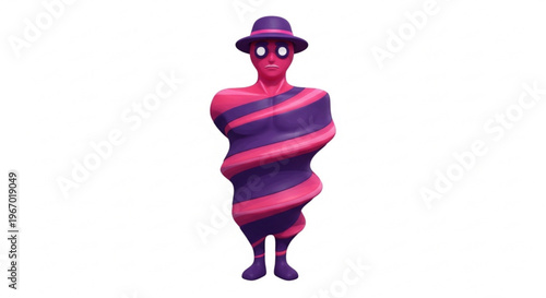 Abstract modern 3D character with a unique swirling pattern and a stylish hat, rendered in vibrant pink and purple hues