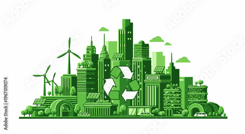 Green city skyline with renewable energy sources and recycling symbol