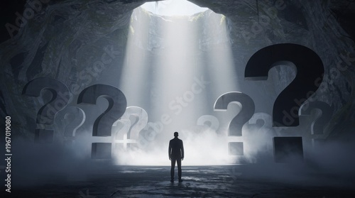 A lone figure stands in a misty cave illuminated by beams of light, surrounded by large floating question marks symbolizing uncertainty and introspection.