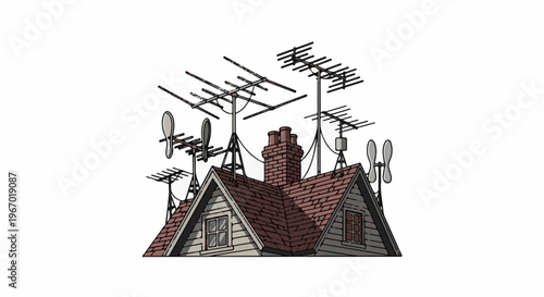 Many antennas and a chimney adorn the roof of a gabled house