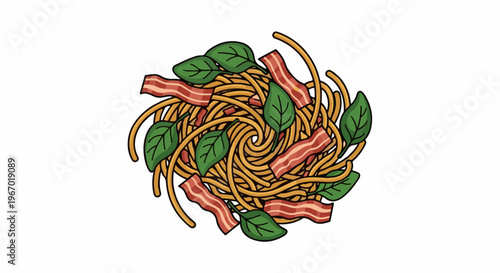 Swirling pasta dish with crispy bacon strips and fresh green spinach leaves