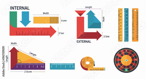 Visual representation of internal and external measurements, rulers, tape, and roulette wheel