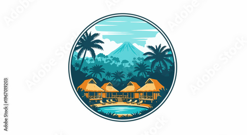 Tropical resort with thatched bungalows, pool, palm trees, and volcano