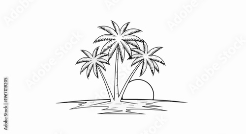 Three palm trees silhouetted against a setting sun on a tropical island