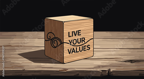 Wooden cube with "Live Your Values" message on rustic wood surface