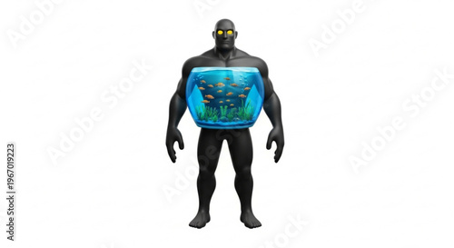 A shadowy figure with a fishbowl brimming with colorful aquatic life embedded in its torso, symbolizing the interconnectedness of beings and their environment