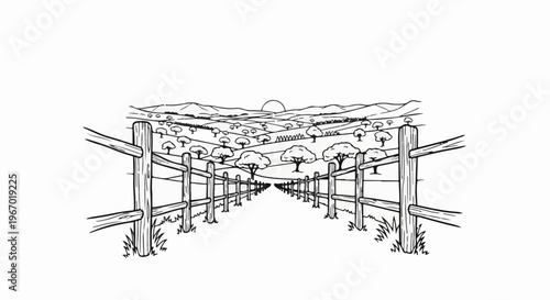 A sketch of a fence leading to a sunlit, tree-dotted landscape