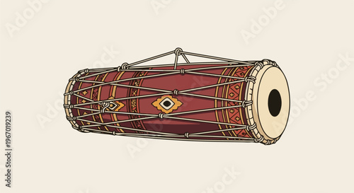 A traditional cylindrical drum with decorative patterns and rope lacing