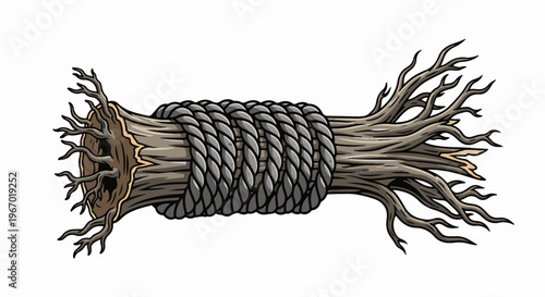 Twisted wood with rough bark and frayed branches bound tightly by thick rope