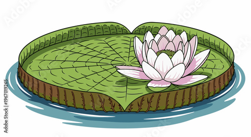 A pink water lily blooms on a large, green lily pad in blue water