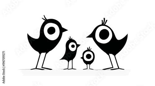 Stylized black bird family illustration on white background vector design