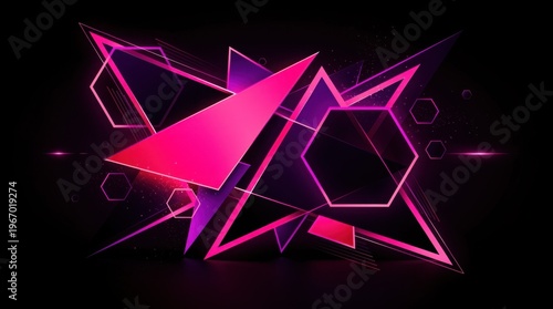 Neon pink geometric shapes with glowing edges and hexagons on a dark background, creating a futuristic and dynamic digital art composition.