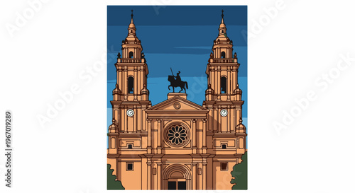 Ornate cathedral with twin towers, equestrian statue, and rose window