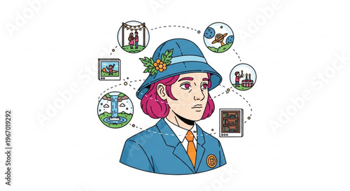 Person with surrounding circles representing hobbies and interests, illustrating diverse passions and activities in a conceptual illustration