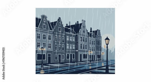 Pixel art scene of old European buildings on a rainy day