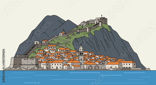 A fortified coastal town with orange-roofed buildings nestled against a steep mountain