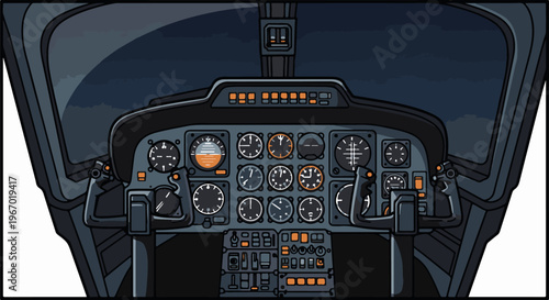 A detailed illustration of a complex aircraft cockpit with numerous gauges and controls
