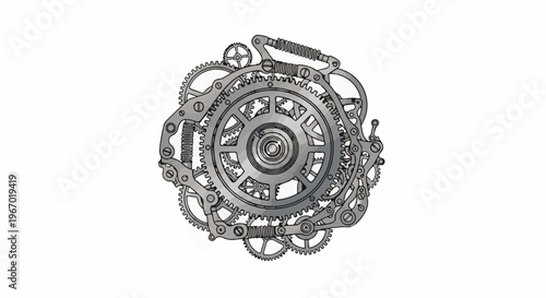 Intricate mechanical assembly with interlocking gears and springs