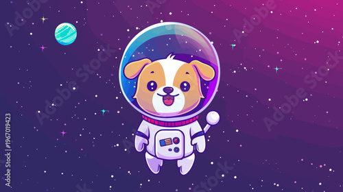Cartoon astronaut dog floating in space among stars and planet