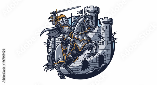 Knight in armor on horse, sword raised, near castle