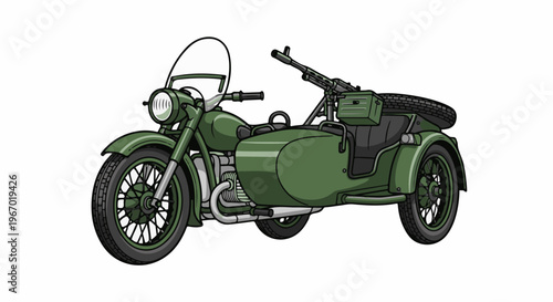 Vintage military motorcycle with machine gun and sidecar