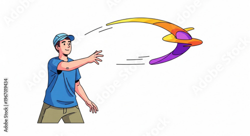 Man throwing a colorful boomerang in a white background