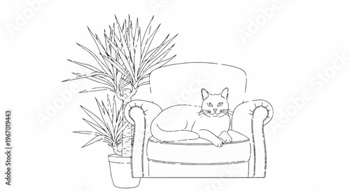 Line drawing of a cat resting on an armchair next to a potted plant
