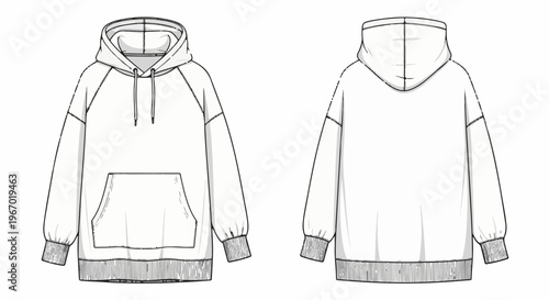 Line drawing of front and back views of a white hooded sweatshirt