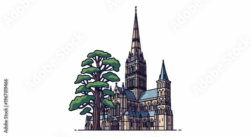 Tall spired gothic cathedral beside a large leafy tree