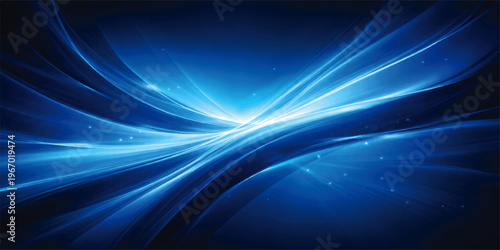 An abstract blue background design featuring glowing waves and flowing fractal lines creates a texture of light and motion with a purple energy swirl pattern for a modern vector wallpaper art