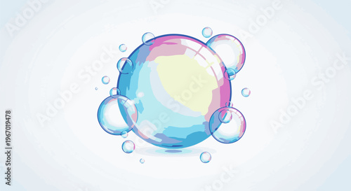 A cluster of iridescent, translucent soap bubbles with soft pastel colors and reflections