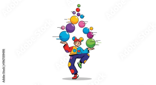 A playful clown expertly juggles colorful spheres, showcasing a whimsical performance with a vibrant array of balls suspended in mid-air