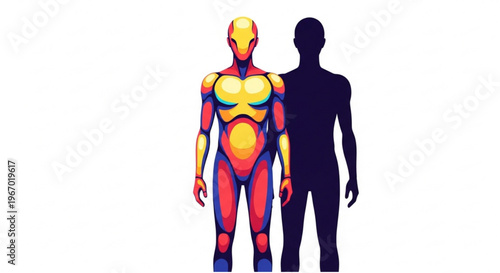 Abstract stylized human figure with shadow on white background, representing duality and inner self