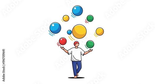 A person skillfully juggling multiple colorful spheres in a dynamic display of balance and coordination