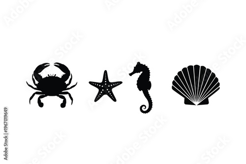 Silhouettes of a crab, starfish, seahorse, and seashell, illustrating marine life in a minimalist black and white style.