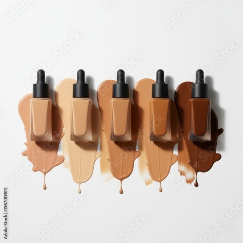 Studio shot of diverse liquid foundation bottles and cosmetic skin tone