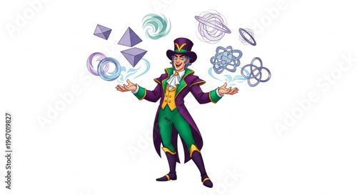 Magician in a fancy costume conjuring complex geometric shapes and swirling energy with his hands, showcasing a magical performance