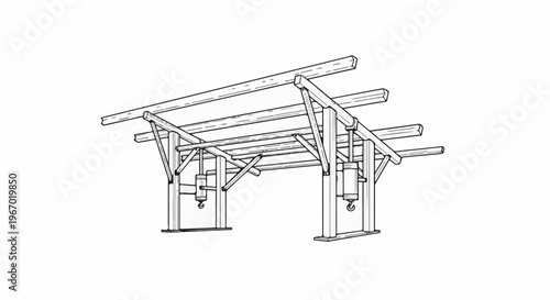 A black and white line drawing of a multi-level overhead structure with hydraulic lifts