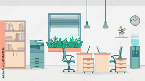 Contemporary office interior with desks, chairs, printer, and greenery
