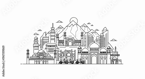 A minimalist outline illustration of a city skyline with mountains and vintage cars
