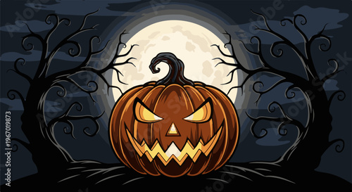 A menacing jack-o'-lantern glows eerily under a large full moon