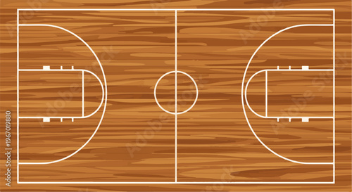 Top view of a wooden basketball court with white lines marking boundaries and zones